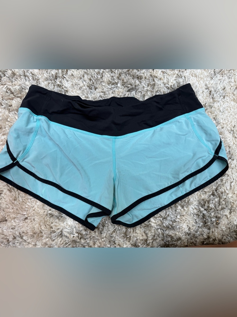 LULULEMON Women's Light Blue/Aqua Athletic Shorts with Black Waistband - 3”